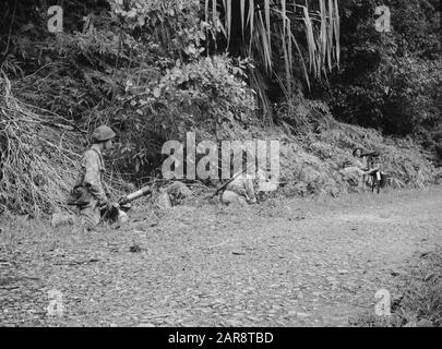 Vormarsch von Padang Während des marsches von Padang nach Padang-Pandjang (Sumatra): Scharfschützenfeuer aus dem seitlichen Gelände. Korporal van Beek aus Apeldoorn (links) und seine Sektionsgefährten stehen auf ihrer Wache. Datum: 20.Dezember 1948 Ort: Indonesien, Niederländische Ostindien, Sumatra Stockfoto