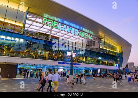 Rod Laver Arena for Australian Open 2020 at Sunset Time, eine Tennisanlage im Melbourne Park, Melbourne, Australien Stockfoto