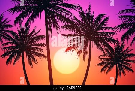 Natürliche Kokosnussbäume Berge Horizont Hügel Silhouetten von Bäumen und Hügeln am Abend Sonnenaufgang und Sonnenuntergang Landschaft Tapete Illustration Vektor Stock Vektor