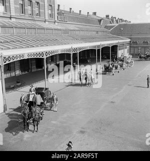 Abdankung Königin Wilhelmina/Einweihung der Vorbereitungen von Königin Juliana. Probe mit dem Golden Carriage und folgen Kutschen, mit Koetsier, Lakaien und Jockeys in voller Regalien, im Hof des Royal Stable Department in Den Haag. Datum: September 1948 Ort: Den Haag, Zuid-Holland Schlüsselwörter: Einweihung, Kutschen, Kutschen, Kutschen, Königshaus, Pferde, Proben, Stabseinrichtung Name: Royal Stable Department Stockfoto