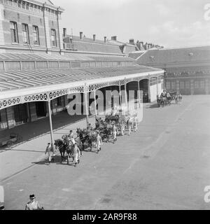 Abdankung Königin Wilhelmina/Einweihung der Vorbereitungen von Königin Juliana. Probe mit der goldenen Kutsche, mit Kutscher, Lakaien und Jockeys in voller Regalien, im Hof des Königlichen Stallministeriums in den Haag. Datum: September 1948 Ort: Den Haag, Zuid-Holland-Stichwörter: Autos, Einweihung, Kutschen, Kutschen, Kutschen, Königshaus, Pferde, Proben, Stabsangestellte Stockfoto