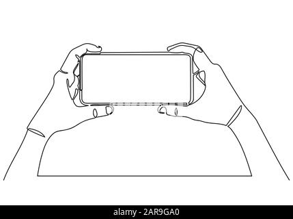 Durchgängige einzeilige Zeichnung des Handhalter-Smartphones. Stockfoto