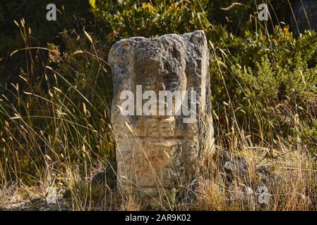 Muisca-Steinfigur auf dem Páramo de Oceta Trek, Monguí, Boyaca, Kolumbien Stockfoto