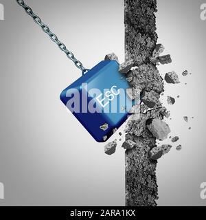 Entfliehen Sie dem Geschäftskonzept, indem Sie eine Esc-Taste mit 3D-Illustrationselementen durch ein Hindernis schlagen. Stockfoto