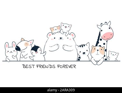 Beste Freunde für immer. Horizontales Poster mit niedlichen Tieren - Bär, Giraffe, Pinguin, Hund, Kaninchen, Katze im Kawaii-Stil. Isoliert auf weißem Hintergrund. E Stock Vektor