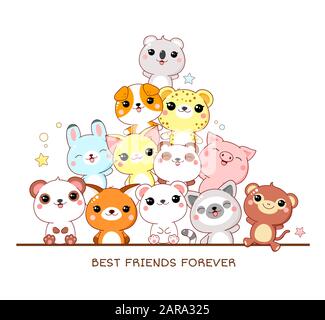 Beste Freunde für immer. Quadratisches Poster mit niedlichen Tieren - Affe, Panda, Fuchs, Lemur, Schwein, Leopard, Hund, Kaninchen, Katze, Koala im kawaiischen Stil. Isoliert ein Stock Vektor