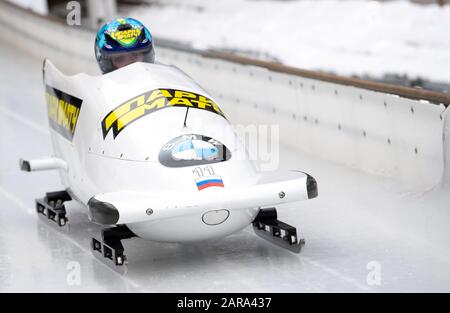 25. Januar 2020, Bayern, Schönau Am Königssee: Zweier-Bob, Frauen, künstlich vereiste Strecke am Königssee: Lubov Tschernykh und Yulia Belomestnykh aus Russland im Einsatz. Foto: Sven Hoppe / dpa Stockfoto