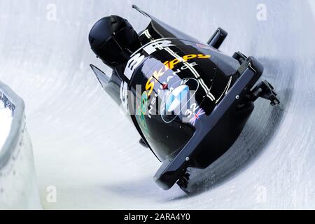 Koenigssee, Deutschland. Januar 2020. Koenigssee, Deutschland 25. Januar 2020: BMW IBSF Bob World Cup - Männer 2-Mann-Bob - Koenigssee - 2020 Lamin Deen/Ryan Letts (GBR) - Nutzung Worldwide Credit: Dpa/Alamy Live News Stockfoto