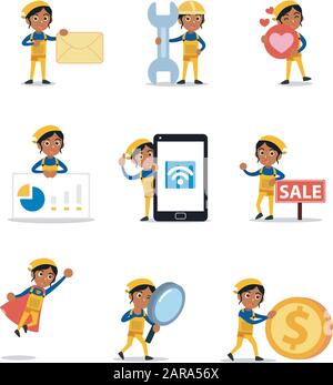 Set von Charakter Woman handliche Fixierung kaputter Fernseher. Stock Vektor