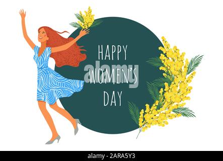 Tag der glücklichen Frauen. Freudiges Mädchen mit Blumen aus Mimosen. Flat Cartoon Hand Draw Vektor Illustration Stock Vektor