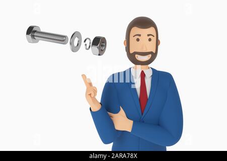 Cartoon-Charakter, Unternehmer im Anzug mit Zeigefinger auf Bolzen mit Mutter. Konzeptsymbol mit Bolzen und Muttern. 3D-Rendering Stockfoto