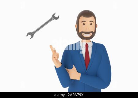 Cartoon-Charakter, Geschäftsmann im Anzug mit Zeigefinger auf Schraubenschlüssel. Konzeptsymbol mit Schraubenschlüssel, Service. 3D-Rendering Stockfoto