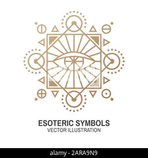 Esoterische Symbole. Vektorgrafiken. Geometrische Plakette mit dünner Linie. Gliederungssymbol für Alchemie oder heilige Geometrie. Mystisches und magisches Design mit all-seeing Eye. Stock Vektor