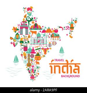 Traditionelle Symbole in Form einer Karte Indiens auf Weiß Stock Vektor
