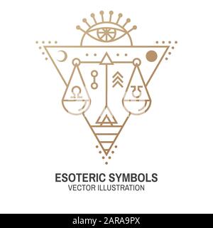 Esoterische Symbole. Vektorgrafiken. Geometrische Plakette mit dünner Linie. Gliederungssymbol für Alchemie oder heilige Geometrie. Mystisches und magisches Design mit durchsehenden Augen- und Gesetzesmaßstab. Stock Vektor