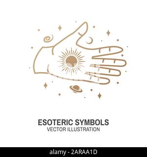 Esoterische Symbole. Vektorgrafiken. Geometrische Plakette mit dünner Linie. Gliederungssymbol für Alchemie oder heilige Geometrie. Mystisches und magisches Design mit Hand, Sternen, Planeten und Mond. Stock Vektor