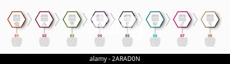 Infografik Vektor mit 8 Hexagonen. Wird für acht Diagramme, Diagramme, Flussdiagramme, Zeitpläne, Marketing und Präsentation verwendet. Kreatives Geschäftskonzept Schritt für Schritt Stock Vektor