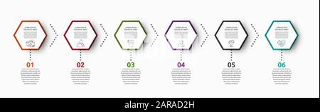 Vektor Infografik mit 6 Sechsecken. Für sechs Diagramme, Graphen, Flussdiagramm, Timeline, Marketing, Präsentation verwendet. Creative Business Konzept Schritt für Schritt Stock Vektor
