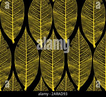 Nahtloses Muster mit gelben Herbstblättern auf schwarzem Hintergrund. Stock Vektor