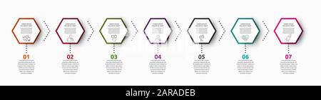 Infografik Vektor mit 7 Hexagonen. Wird für sieben Diagramme, Diagramme, Flussdiagramme, Zeitpläne, Marketing, Präsentation verwendet. Kreatives Geschäftskonzept Schritt für Schritt Stock Vektor