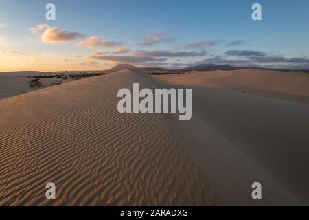 , Kanarische Inseln - Fuerteventura Sanddünen im Nationalpark Dunas de Corralejo bei einem schönen Sonnenuntergang Stockfoto