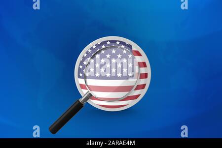 Amerikanische Flagge hinter einer Lupe. Das Flaggenabzeichen hat eine schön detaillierte Kunststoffstruktur auf blauem Hintergrund. 3D-Rendering. Stockfoto