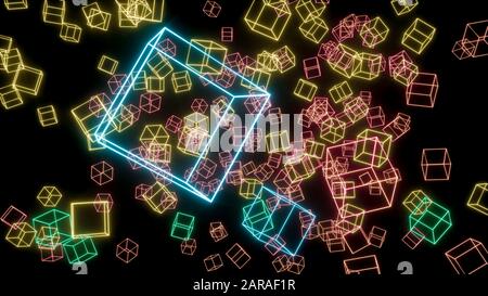 Holographische Würfel auf schwarzem Hintergrund. Geometrisches abstraktes Hologramm -Illustrator Stockfoto