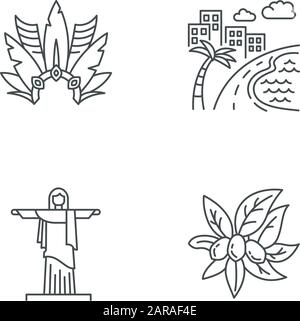 Brazil Pixel perfekte lineare Symbole gesetzt. Krone mit Gefiederung. Südamerika Stadtbild. Christus, der Erlöser. Anpassbare Kontursymbole mit dünnen Linien. Isola Stock Vektor