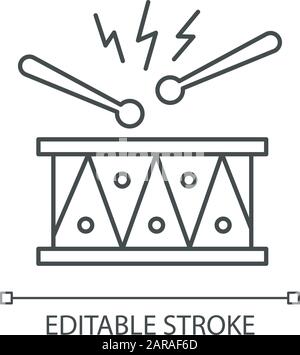 Drum mit Drumsticks und Pixel Perfect Linear Icon. Musikinstrument. Karneval in Brasilien. Anpassbare Abbildung mit dünner Linie. Kontursymbol. Vecto Stock Vektor