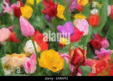 Bunte Tulpen im impressionistischen Stil mit Ölfarbe auf Leinwand.Blumenhintergrund mit klassischem Malfilter bearbeitet Stockfoto