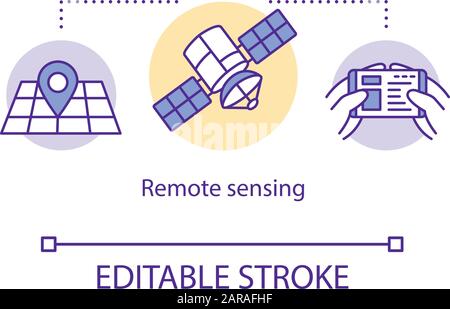 Symbol für Fernerkundung. Verwendung von Satellitenbildern. Orbitale Beobachtung. Orientierung mit GPS-Technologie Idee Thin Line Illustration. Vektorisola Stock Vektor