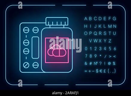 Symbol für Neon-Glimmlampe für Medikamente. Pillen in der Flasche. Verordnung und Ergänzung. Medizinisches Produkt. Pharmazeutisches Medikament. Leuchtendes Zeichen mit Alphabet, taub Stock Vektor