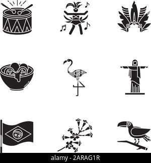 Schwarze Glyph-Symbole der brasilianischen Kultur auf dem weißen Raum. Traditionelle Maskerade. Flamingo. Jesusstatue. Karnevalshut. Samba. Exotische Vögel. Silhouette Stock Vektor