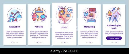 Archaeology Onboarding Mobile App Page Screen mit linearen Konzepten. Baggern und Konservieren von Artefakten Anleitung für die Schritte in der Grafik. UX, UI, Stock Vektor