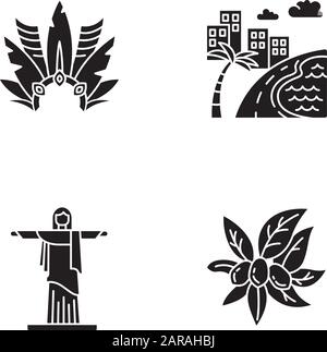 Schwarze Glyph-Symbole in Brasilien auf dem weißen Raum. Krone mit Gefiederung. Südamerika Stadtbild. Christus, der Erlöser. Religionsskulptur. Rio de Janeiro. Sil Stock Vektor