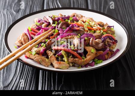 MOO Shu Schweinefleisch Rezept mit Gemüse und Pilzen in einem Teller auf dem Tisch. Horizontal Stockfoto