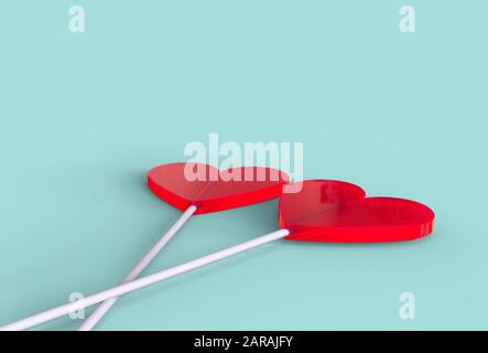 Valentinstag, Liebeskonzept. Valentinskarte und rote Herzen. Zwei rote Lollipops Herzform. 3D-Darstellung Stockfoto