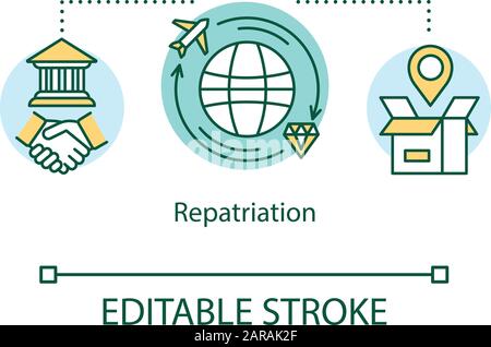 Symbol für Rückführungskonzept. Rückgabe des kulturellen Eigentums an das Herkunftsland. Lieferung wertvoller Waren rund um die Welt Idee Thin Line Illustration. Vect Stock Vektor