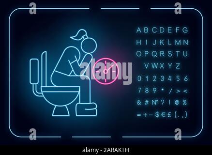 Symbol für Verstopfung von Neonlicht. Menstruationsschmerzen. Periodenproblem. Mädchen in der Toilette. Frau auf toilette. Verdauungsproblem. Leuchtendes Zeichen mit Alphabet, num Stock Vektor