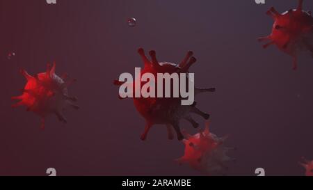 Viren und Keime, Bakterien, Zelle infizierten Organismus. Grippevirus H1N1, Schweinegrippe auf abstraktem 3D-Hintergrund Stockfoto