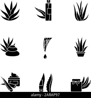 Schwarze Glyph-Symbole von "Aloe vera" werden auf den weißen Bereich gesetzt. Organische Kosmetik. Spa-Behandlung mit Heilkräutern. Pflanzensprossen. Vergossene Hauspflanze. Creme, Wachs. Si Stock Vektor