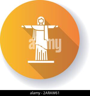 Christus der Erlöser orange flache Design lange Schatten Glyphe Symbol. Brasilianische Skulptur. Cristo Redentor. Statue von Rio de Janeiro. Berühmtes Wahrzeichen. Brasilien ar Stock Vektor