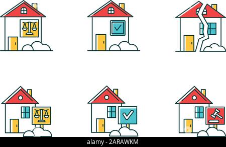 Immobilien wichtig RGB-Farbsymbole gesetzt. Rechtsstreit um die Mietdauer. Rechtsstreit um Immobilien, Gerichtsverfahren. Grundstücksprobeverfahren. Leasing-Vertrag, Vertrag. Konfliktres Stock Vektor