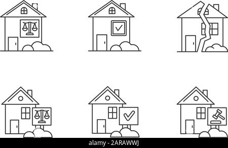 Immobilien sind pixelperfekte lineare Symbole. Rechtsstreit um die Mietdauer. Rechtsstreit um Immobilien, Gerichtsverfahren. Anpassbare Kontursymbole mit dünnen Linien. Isolieren Stock Vektor