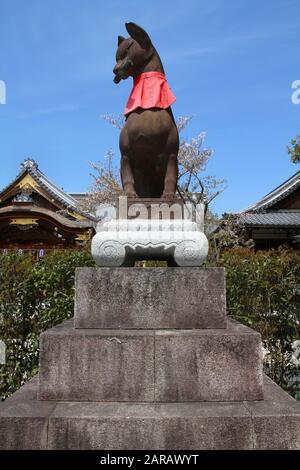 Kyoto, JAPAN - 18. APRIL 2012: Fushimi-Inari Taisha-Schrein - Kätzenfuchsstatue in Japan. Der Kopfschrein von Inari wurde im Jahr 711 gegründet. Stockfoto