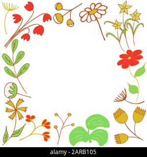 Rahmen aus Blumen und Zweigen im Frühling und Sommer auf weißem Hintergrund. Tulip, Daisy, Dandelion, Baumwolle, Rose, Narzissen, Lilie des Tals, Knapweed, Bur Stock Vektor