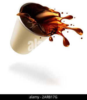 Kaffee, der aus einer abgefallenem Pappbecher austreten kann. Unfall. Stockfoto