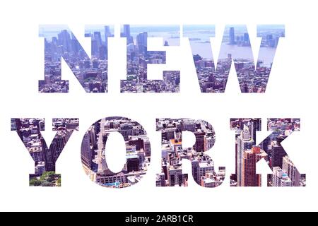 New Yorker Schild - Name der Stadt mit Hintergrundfoto auf der Postkarte. Stockfoto