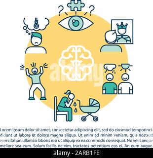 Konzeptsymbol für psychische Störungen mit Text. Psychische Erkrankungen. Postnatale Depression. Selbstmordgefühl. PPT-Seitenvektorvorlage. Broschüre, Magazin, Stock Vektor