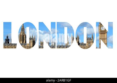 London UK - Name der Stadt mit Foto im Hintergrund. Isoliert auf weiß. Stockfoto